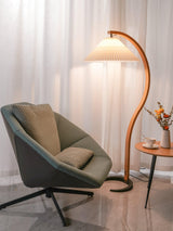 Scandinavian Beech Wood Floor Lamp with Pleated Linen Shade Mid Century Modern Standing Light