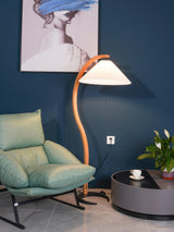 Scandinavian Beech Wood Floor Lamp with Pleated Linen Shade Mid Century Modern Standing Light