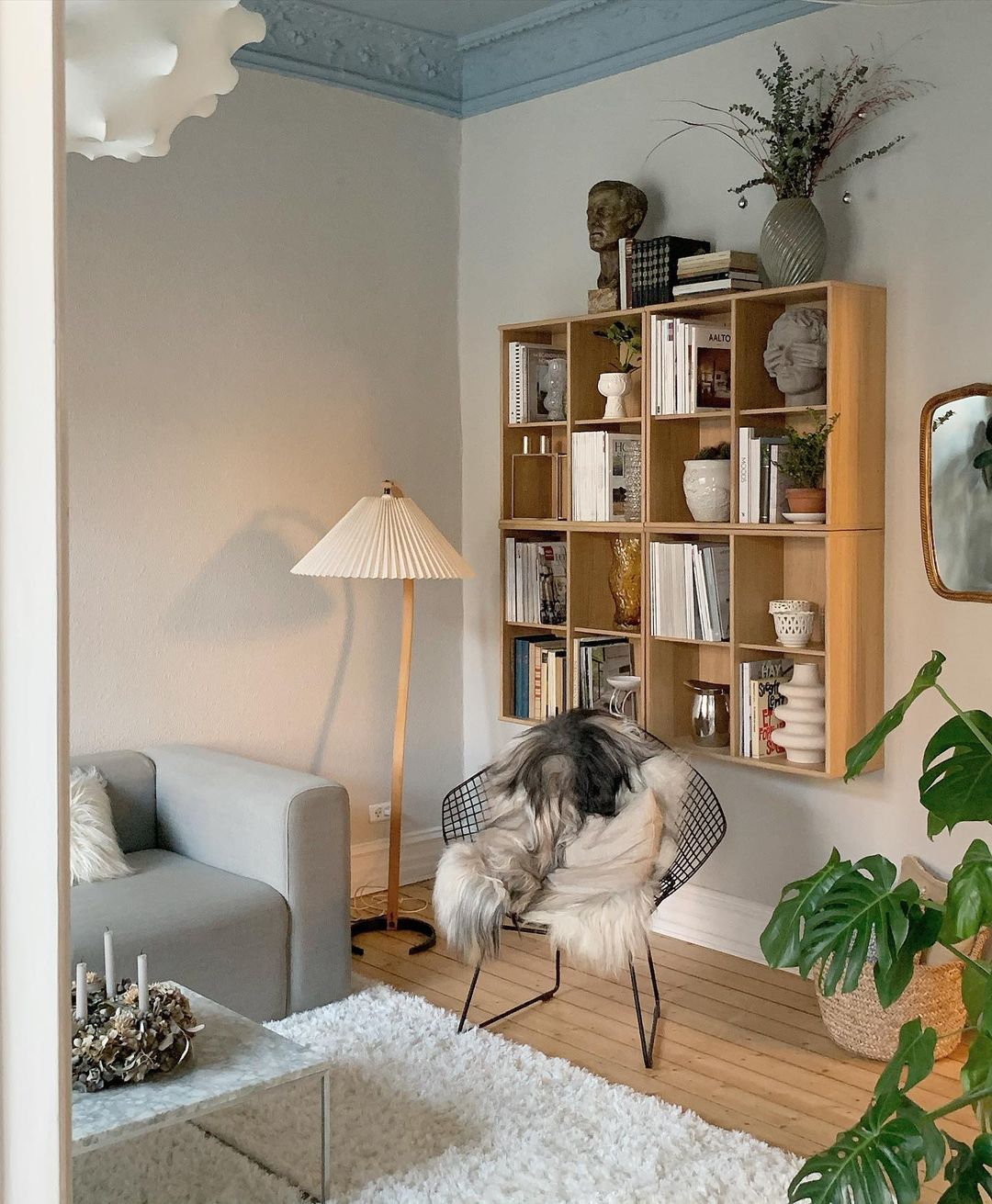 Scandinavian Beech Wood Floor Lamp with Pleated Linen Shade Mid Century Modern Standing Light