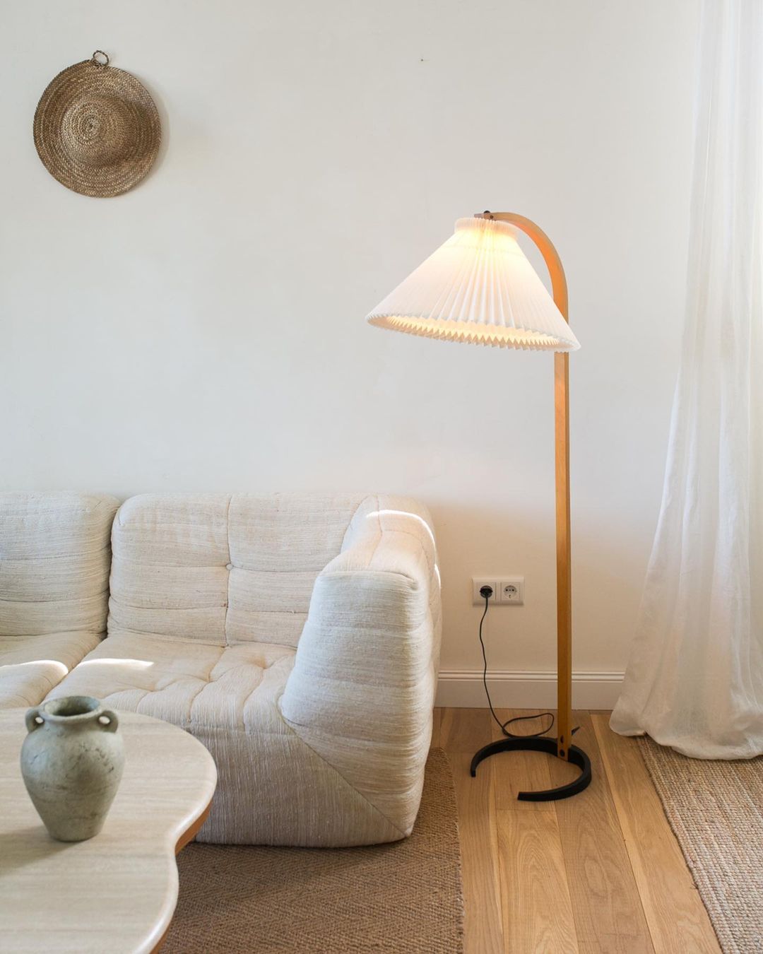 Scandinavian Beech Wood Floor Lamp with Pleated Linen Shade Mid Century Modern Standing Light