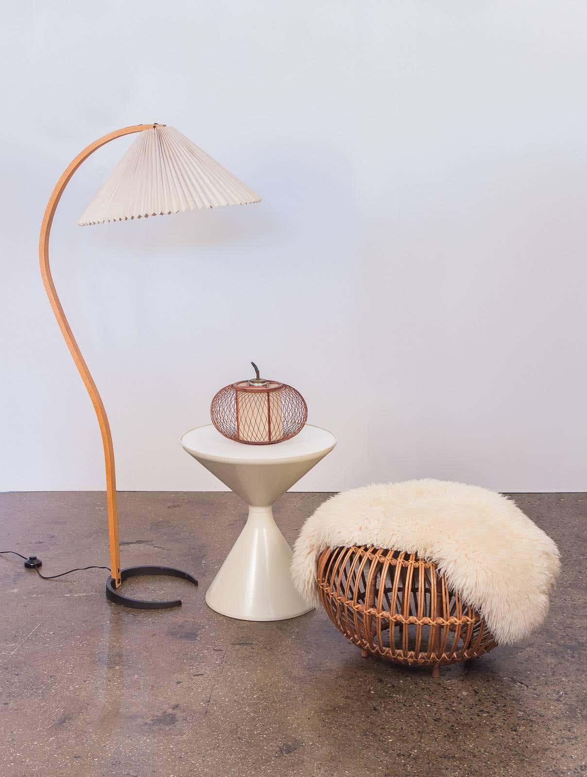 Scandinavian Beech Wood Floor Lamp with Pleated Linen Shade Mid Century Modern Standing Light