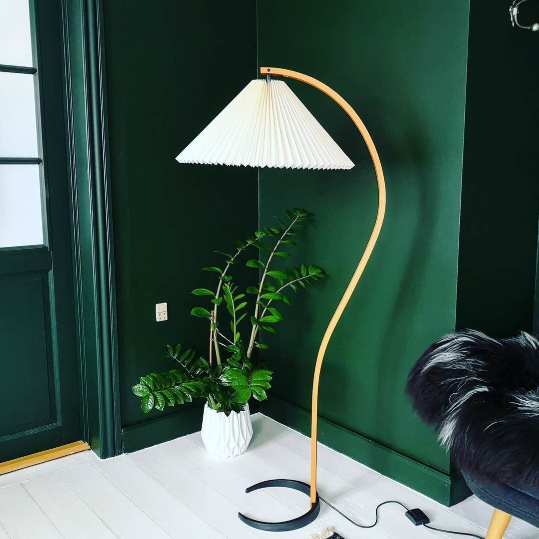 Scandinavian Beech Wood Floor Lamp with Pleated Linen Shade Mid Century Modern Standing Light