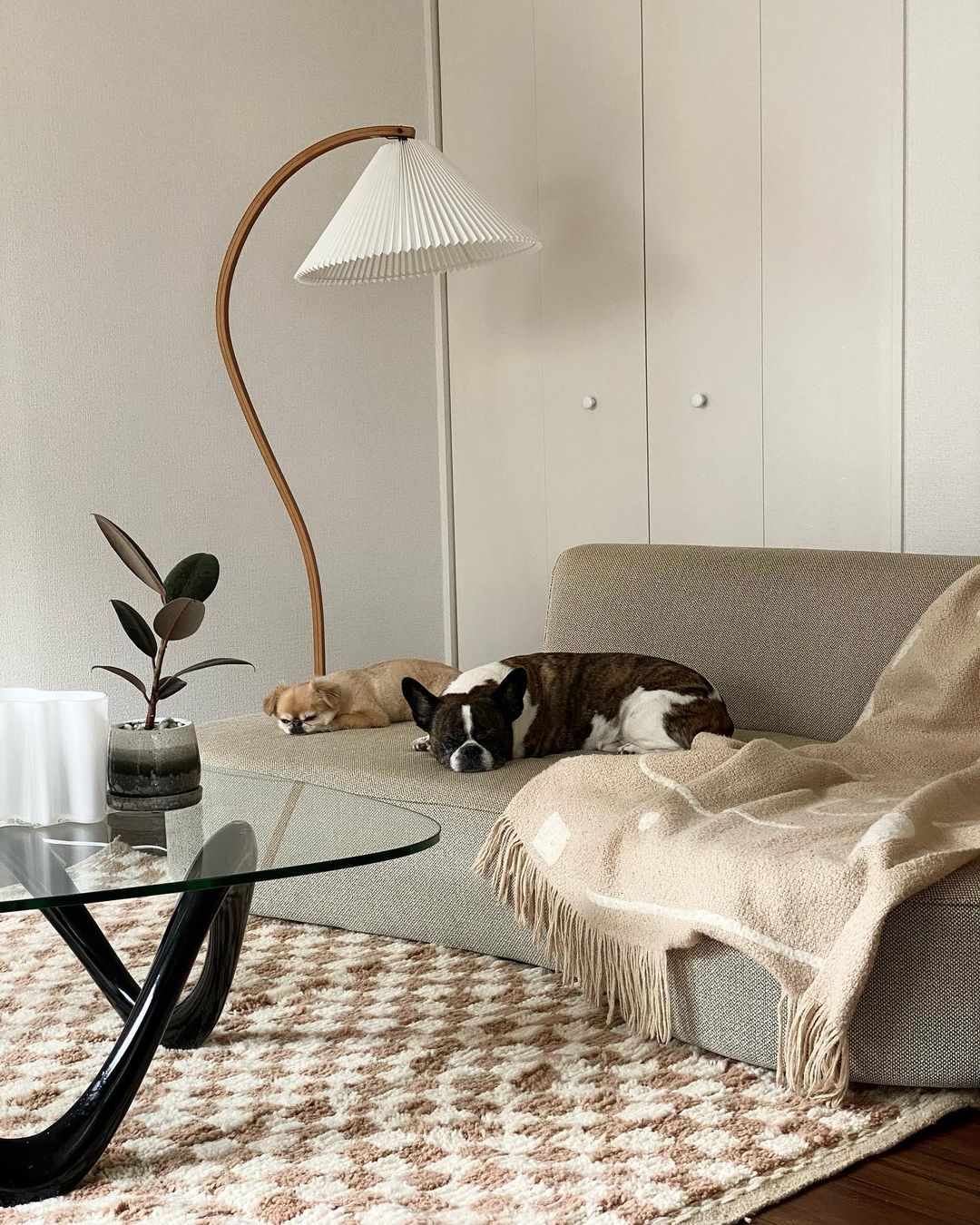 Scandinavian Beech Wood Floor Lamp with Pleated Linen Shade Mid Century Modern Standing Light