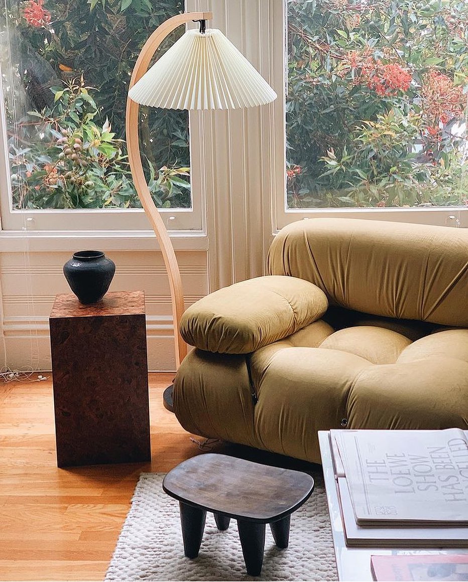 Scandinavian Beech Wood Floor Lamp with Pleated Linen Shade Mid Century Modern Standing Light