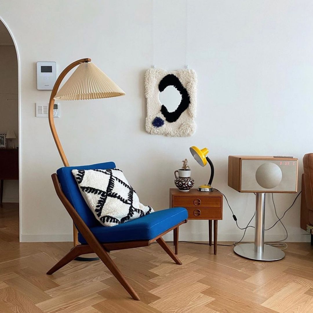 Scandinavian Beech Wood Floor Lamp with Pleated Linen Shade Mid Century Modern Standing Light