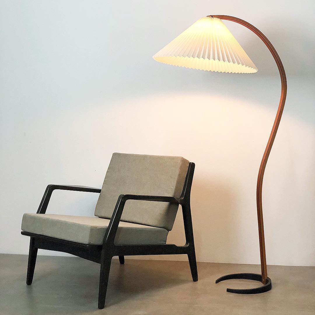 Scandinavian Beech Wood Floor Lamp with Pleated Linen Shade Mid Century Modern Standing Light