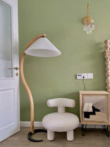Scandinavian Beech Wood Floor Lamp with Pleated Linen Shade Mid Century Modern Standing Light