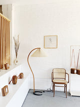 Scandinavian Beech Wood Floor Lamp with Pleated Linen Shade Mid Century Modern Standing Light