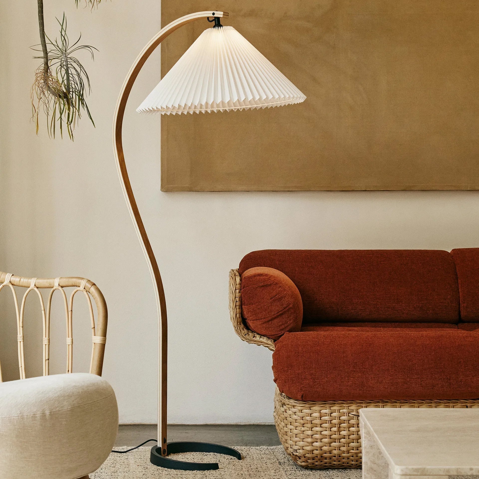 Scandinavian Beech Wood Floor Lamp with Pleated Linen Shade Mid Century Modern Standing Light
