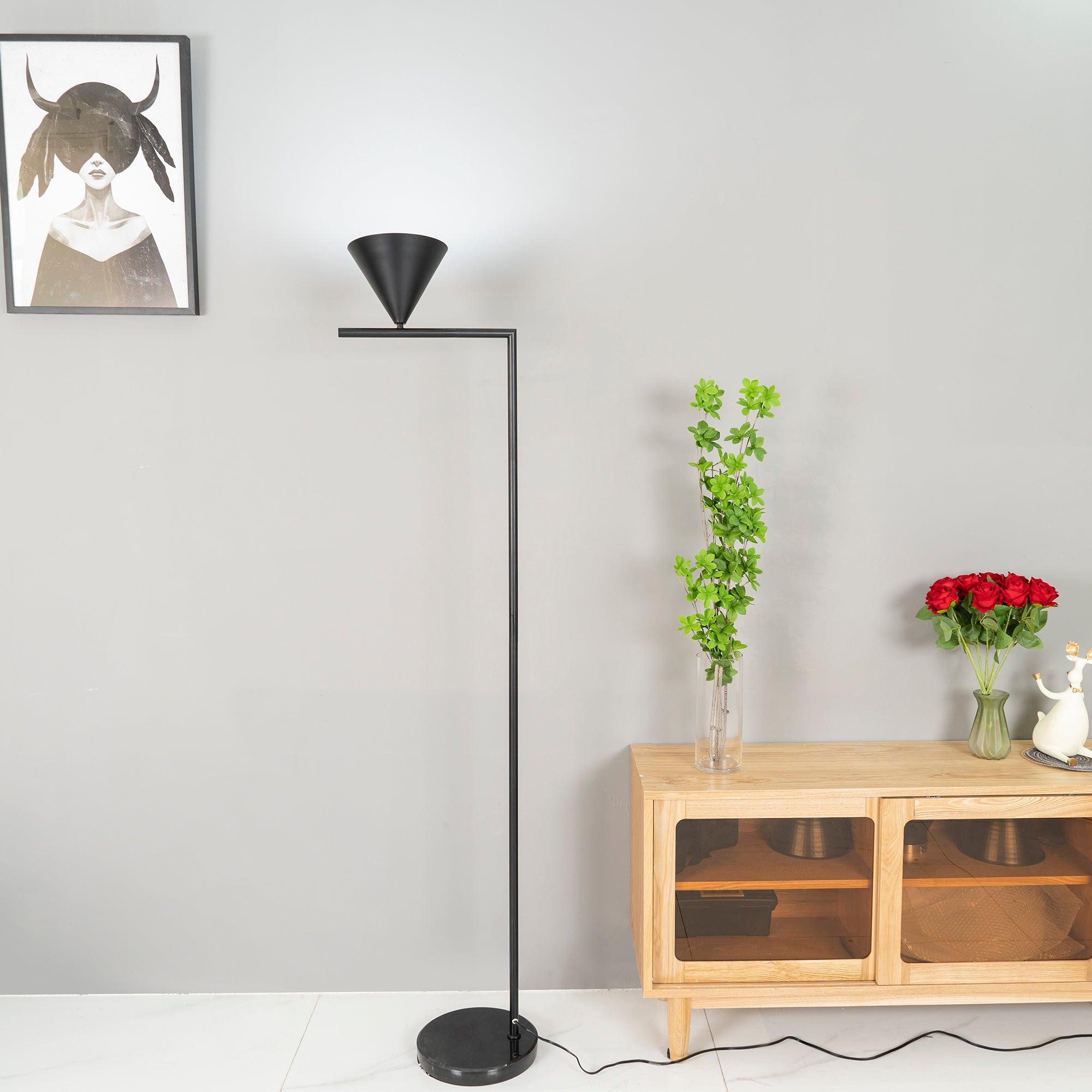 Minimalist Torchiere Floor Lamp with Rotating Cone Shade and Solid Marble Base