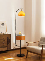 Mid Century Caramel Glass Arch Floor Lamp with Integrated Wooden Side Table