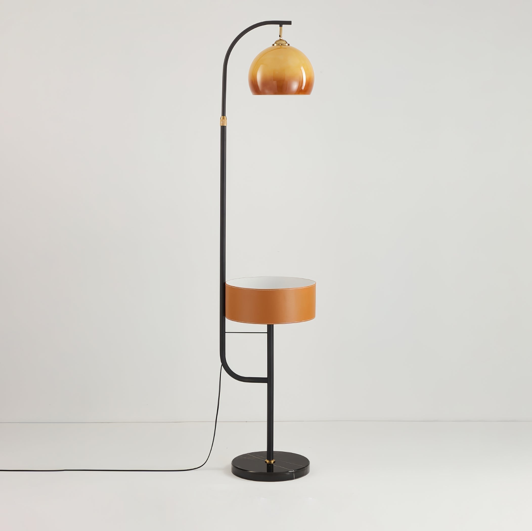 Mid Century Caramel Glass Arch Floor Lamp with Integrated Wooden Side Table