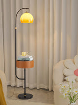 Mid Century Caramel Glass Arch Floor Lamp with Integrated Wooden Side Table