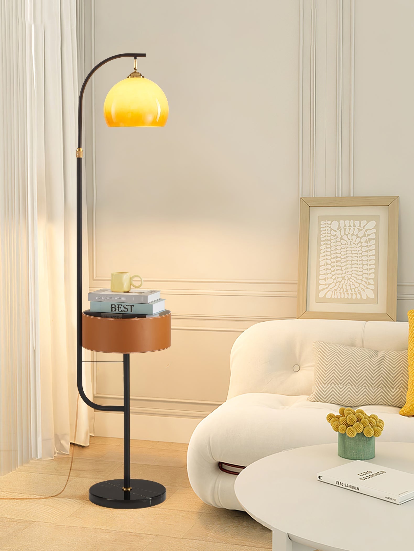 Mid Century Caramel Glass Arch Floor Lamp with Integrated Wooden Side Table