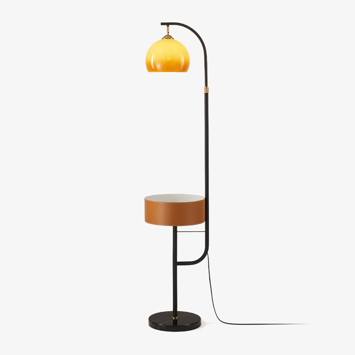 Mid Century Caramel Glass Arch Floor Lamp with Integrated Wooden Side Table