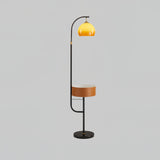 Mid Century Caramel Glass Arch Floor Lamp with Integrated Wooden Side Table