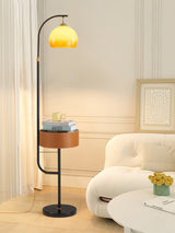 Mid Century Caramel Glass Arch Floor Lamp with Integrated Wooden Side Table