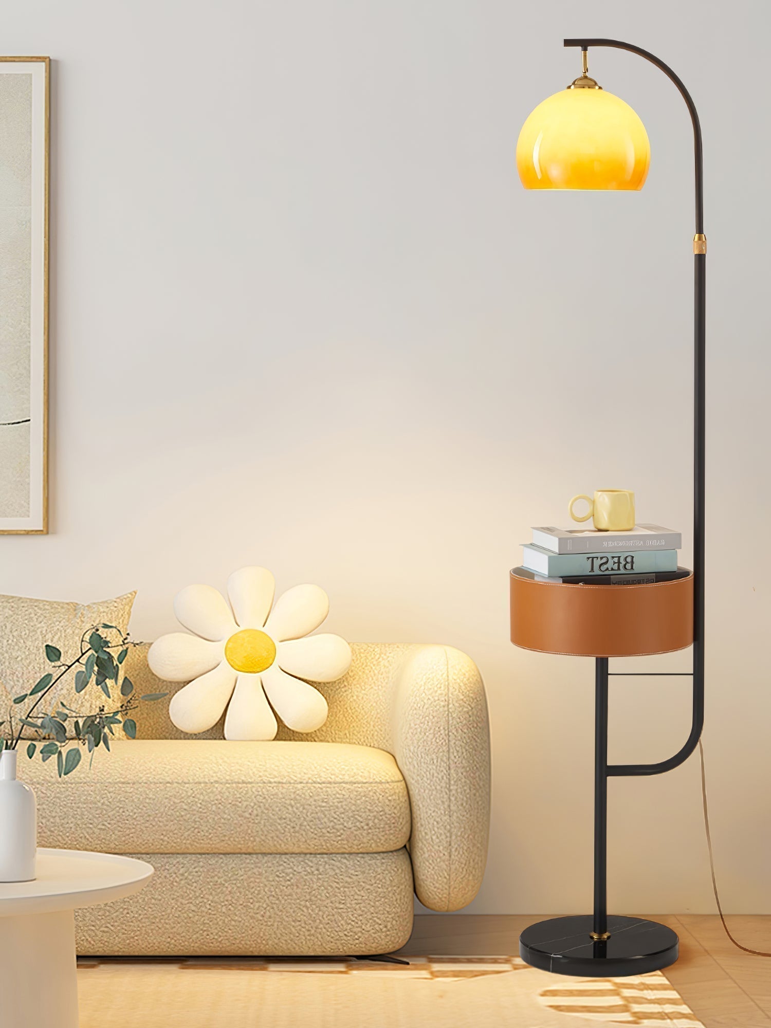 Mid Century Caramel Glass Arch Floor Lamp with Integrated Wooden Side Table