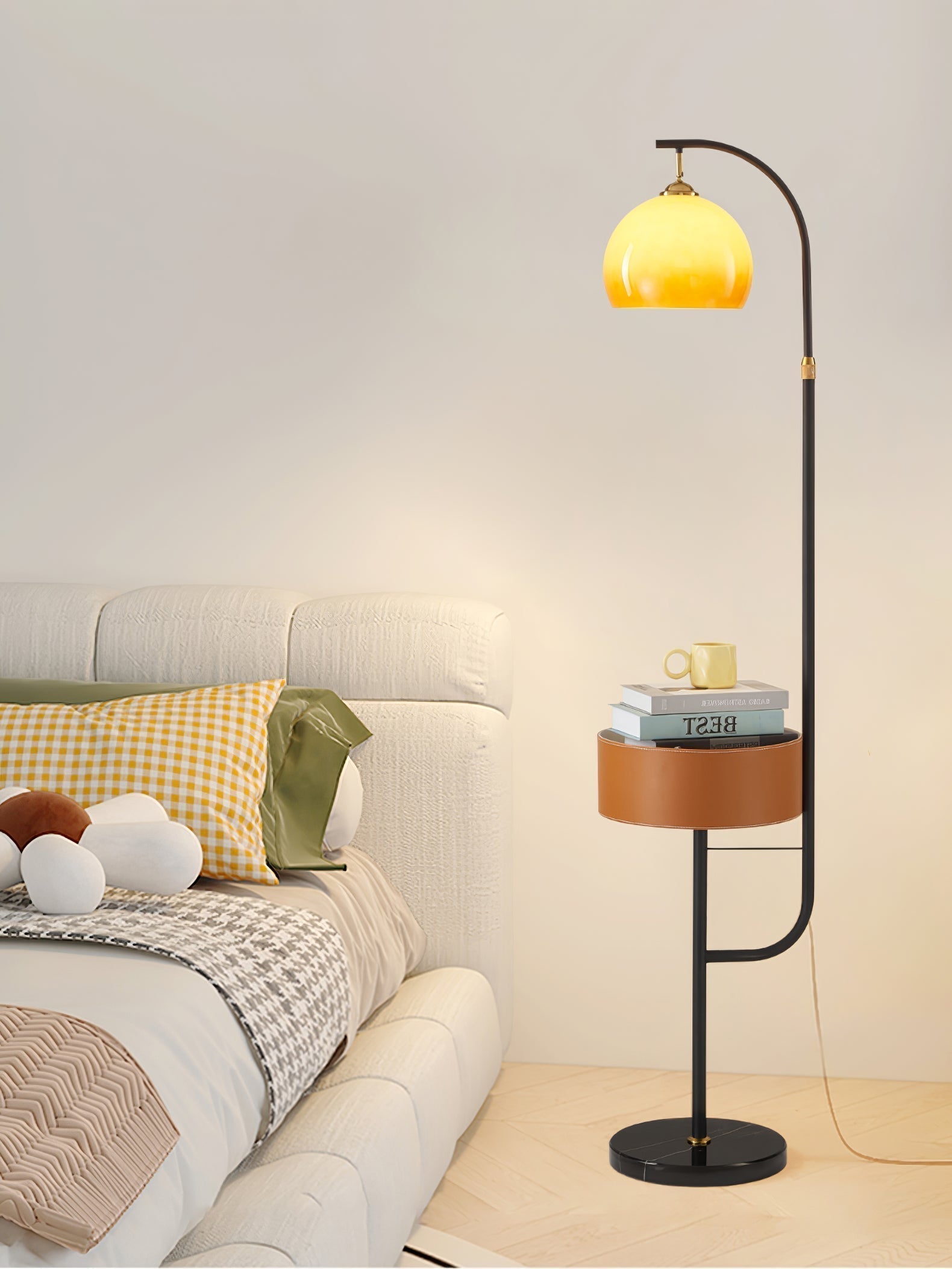 Mid Century Caramel Glass Arch Floor Lamp with Integrated Wooden Side Table