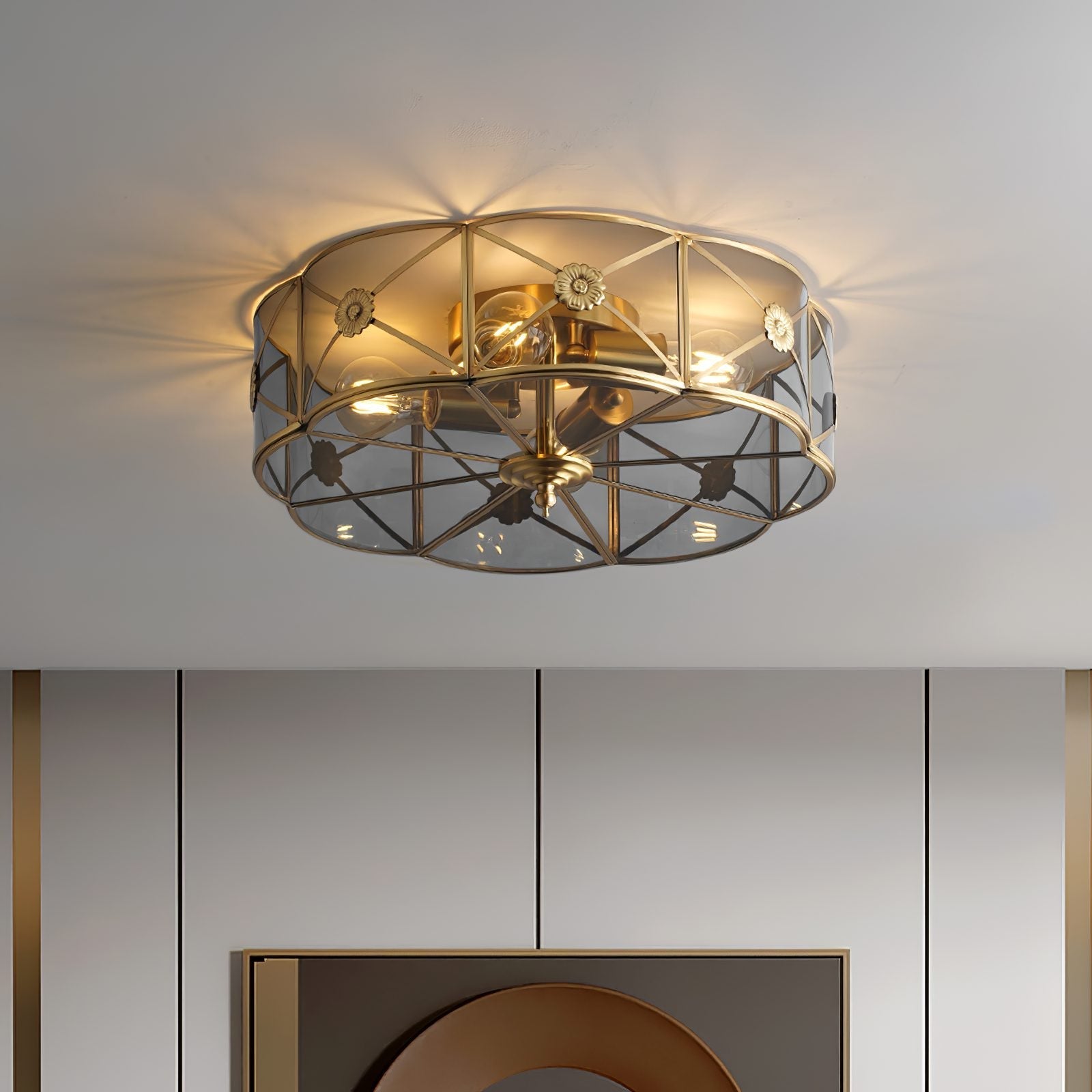 vintage-industrial-carved-brass-flush-mount-ceiling-lamp-with-glass-shade