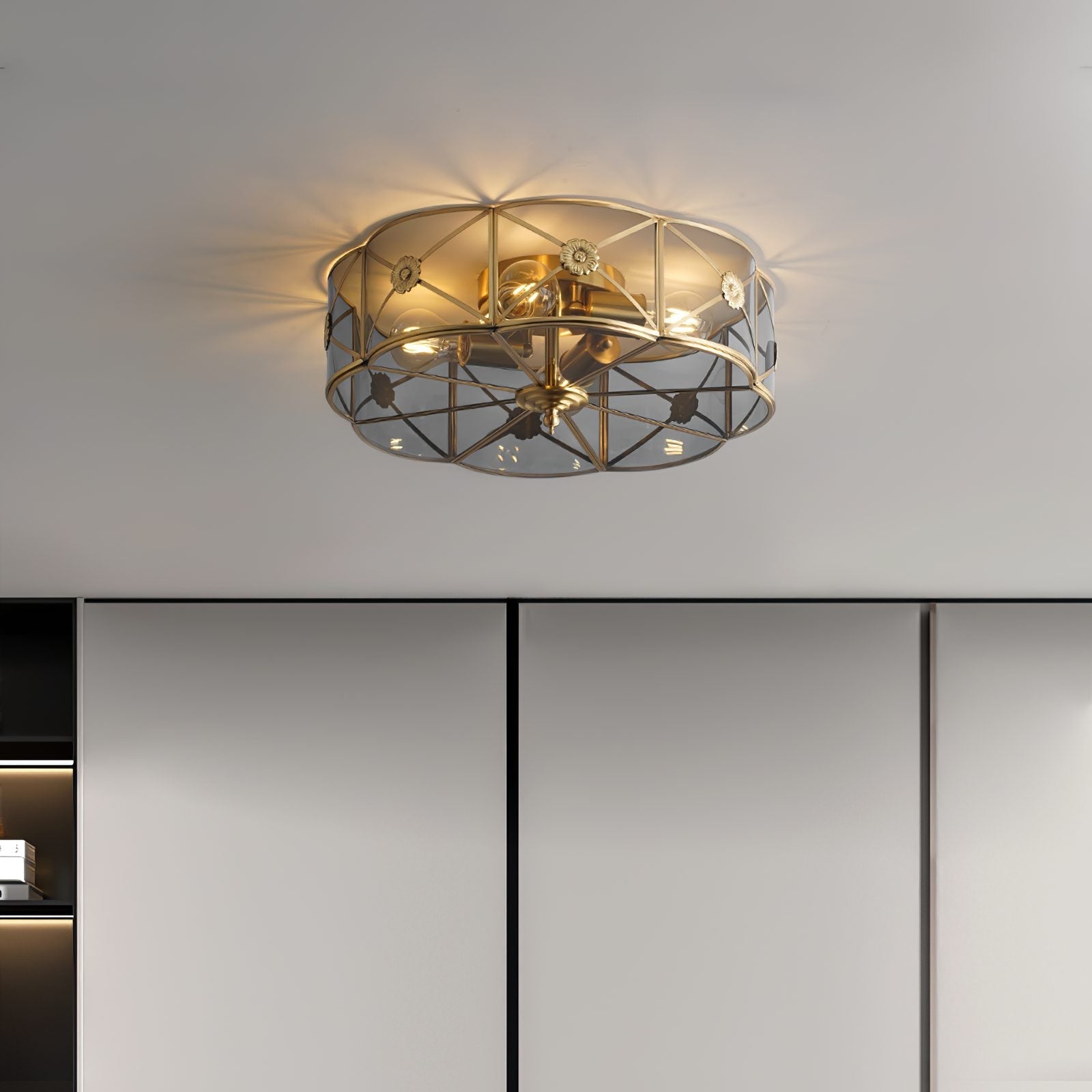 vintage-industrial-carved-brass-flush-mount-ceiling-lamp-with-glass-shade