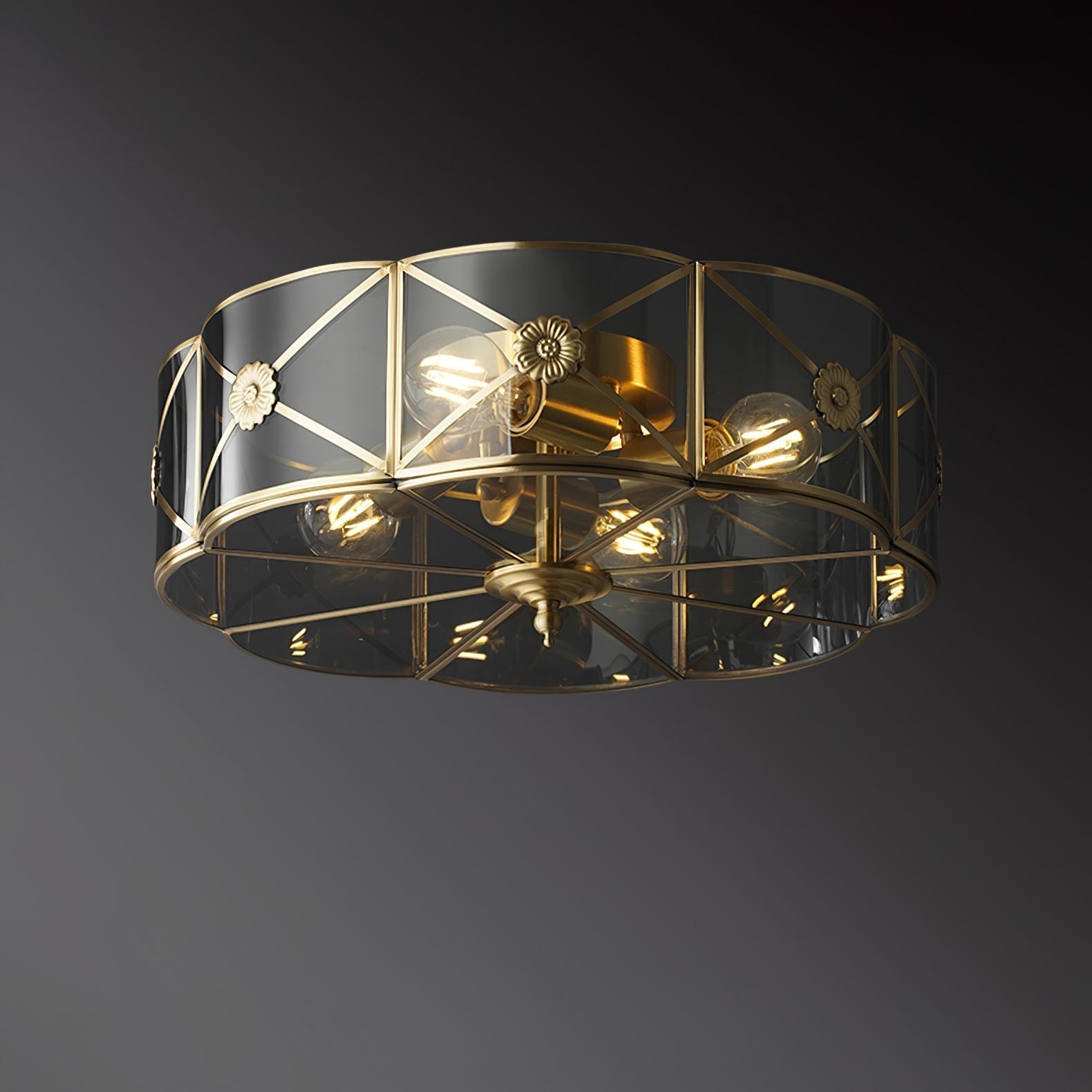 vintage-industrial-carved-brass-flush-mount-ceiling-lamp-with-glass-shade