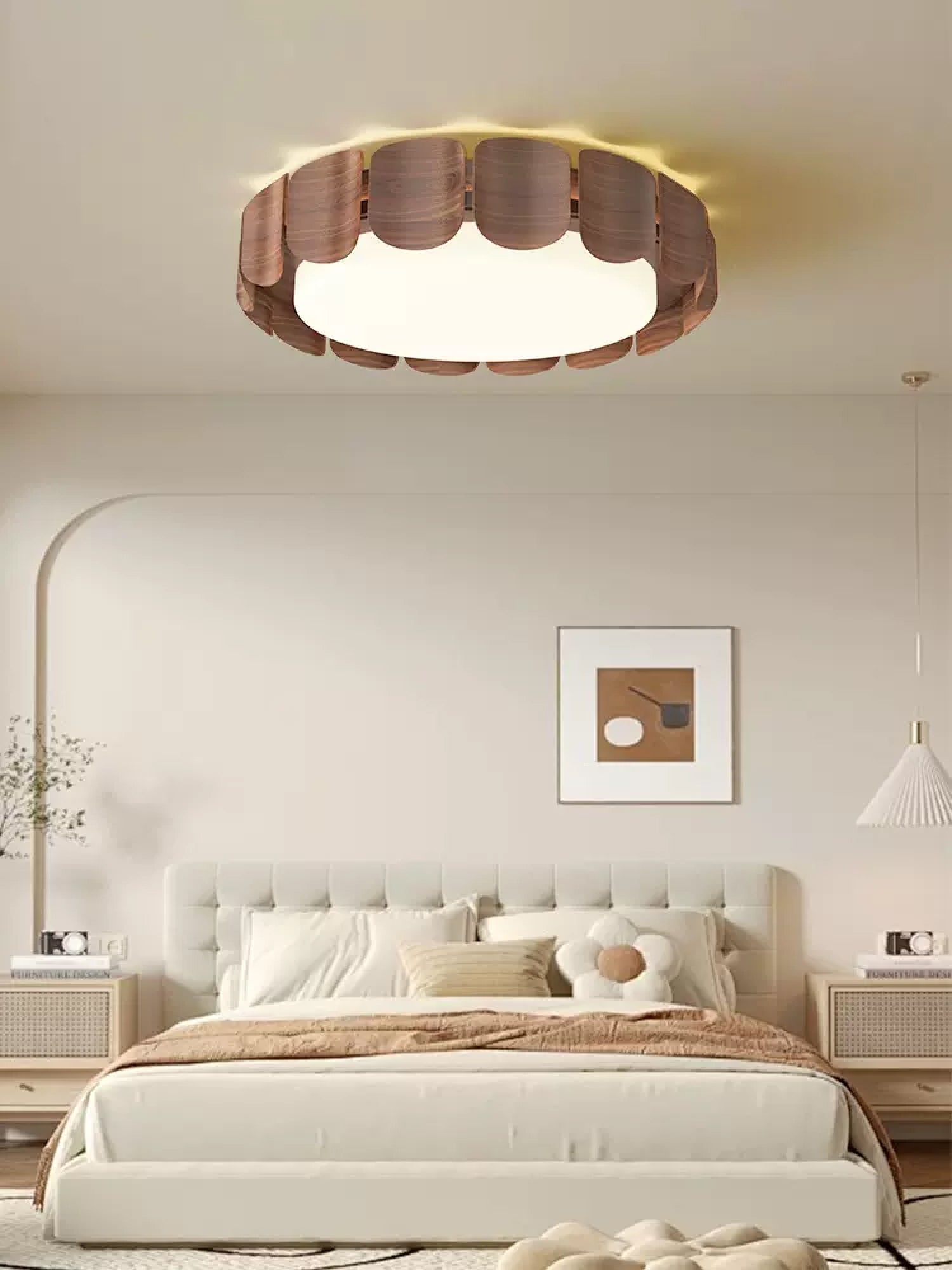 Modern Walnut Wood Grain LED Flush Mount Ceiling Lamp Cascadia Flare Style
