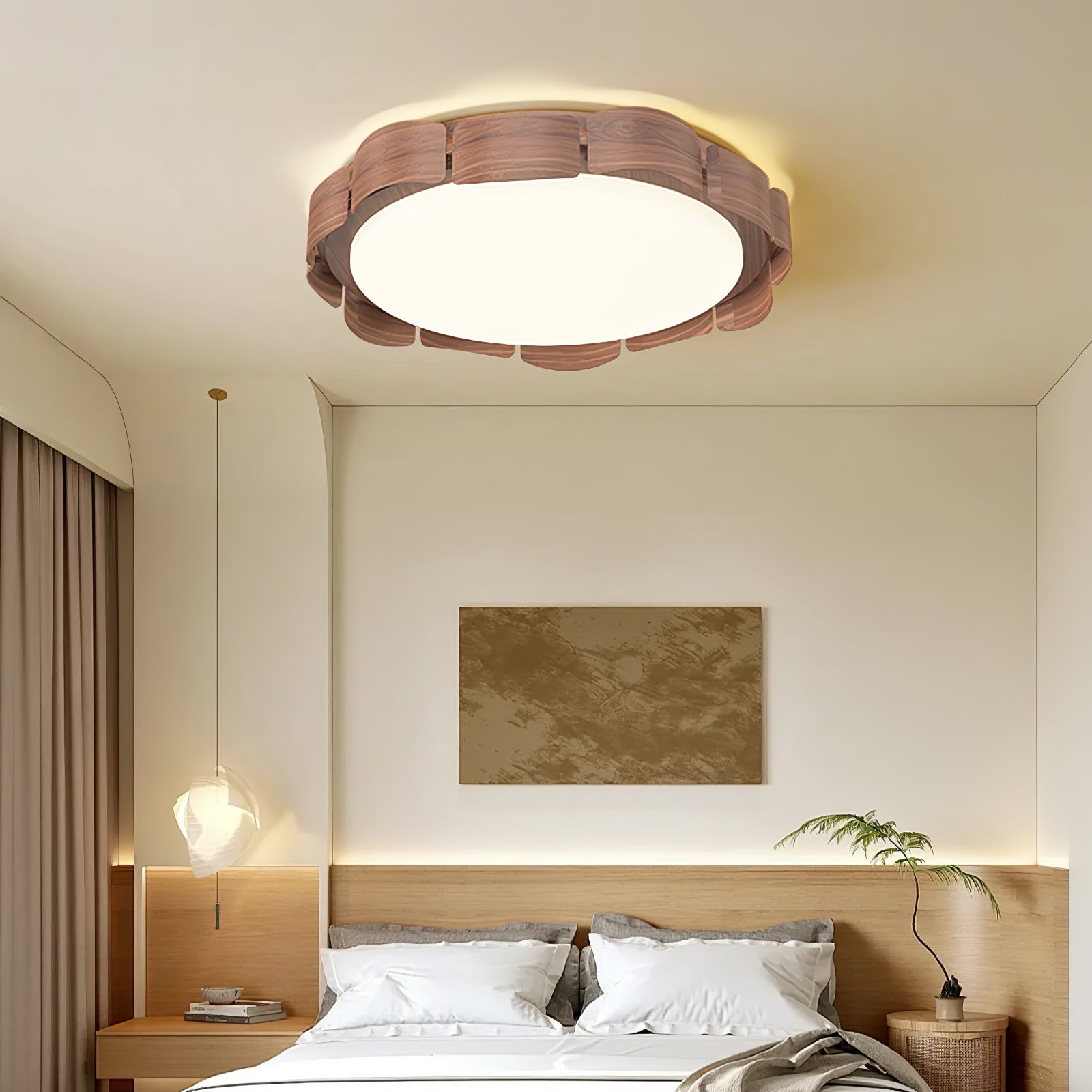 Modern Walnut Wood Grain LED Flush Mount Ceiling Lamp Cascadia Flare Style