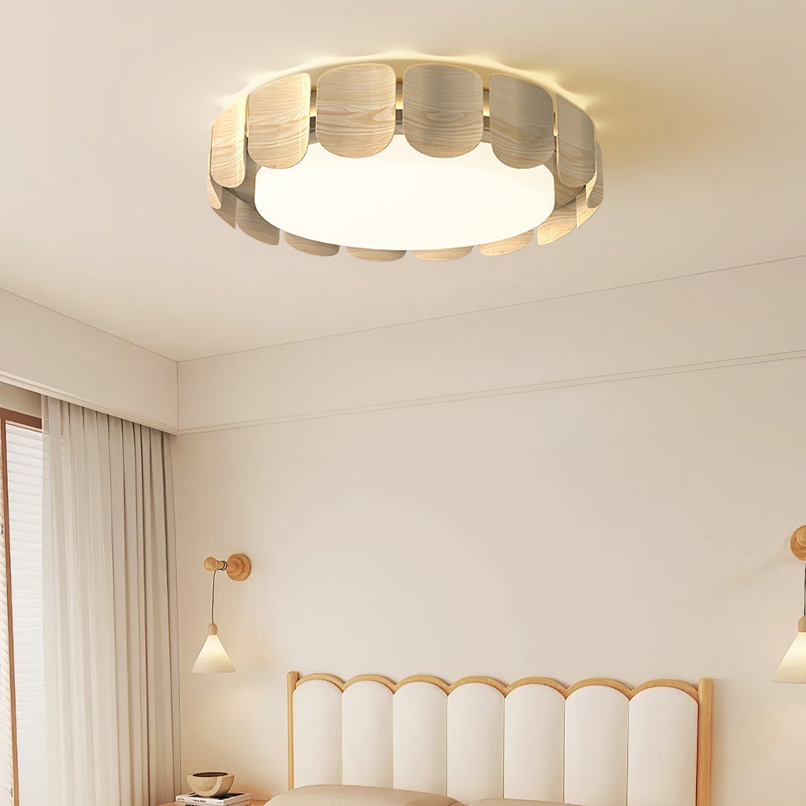 Modern Walnut Wood Grain LED Flush Mount Ceiling Lamp Cascadia Flare Style