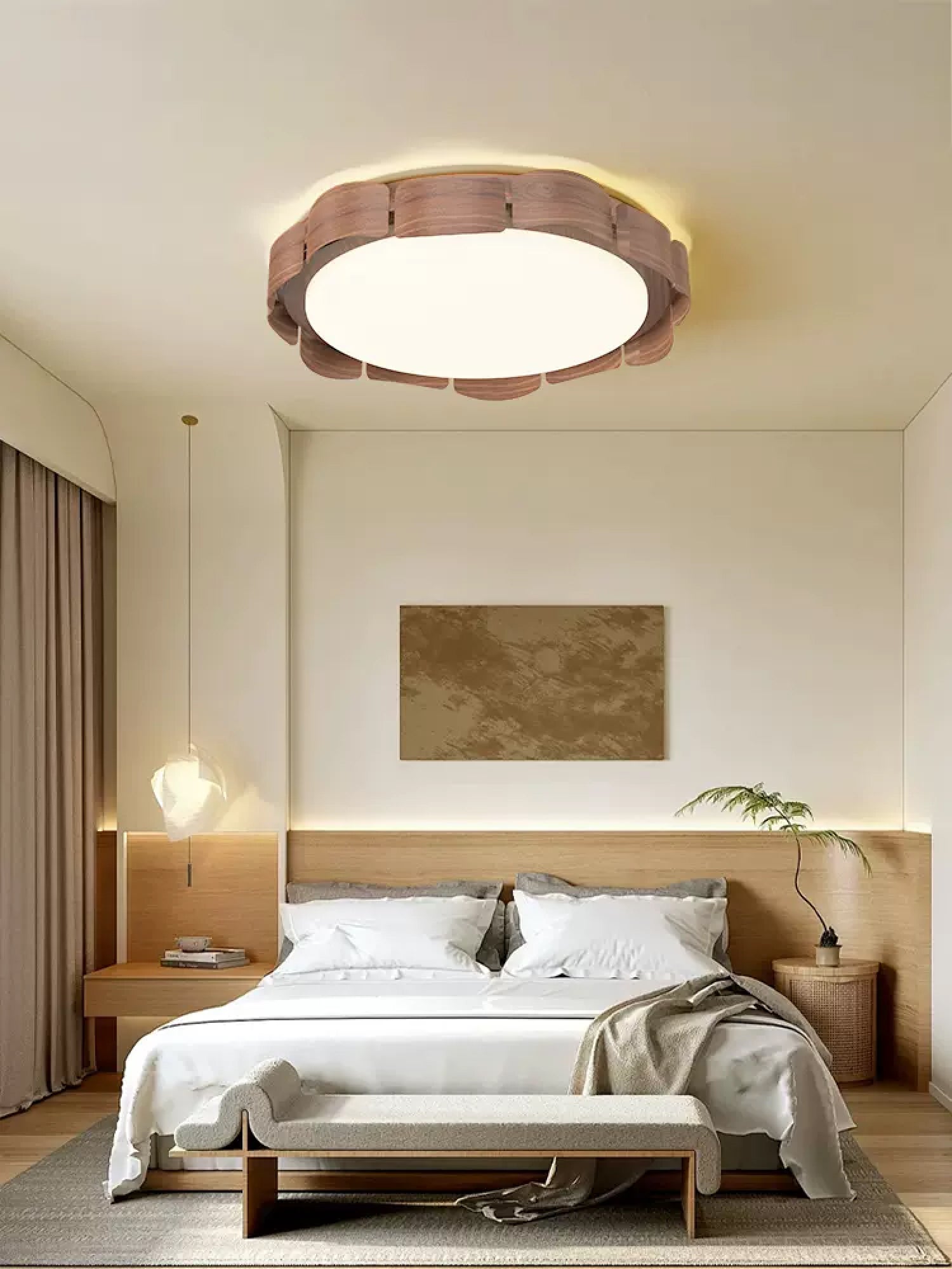 Modern Walnut Wood Grain LED Flush Mount Ceiling Lamp Cascadia Flare Style