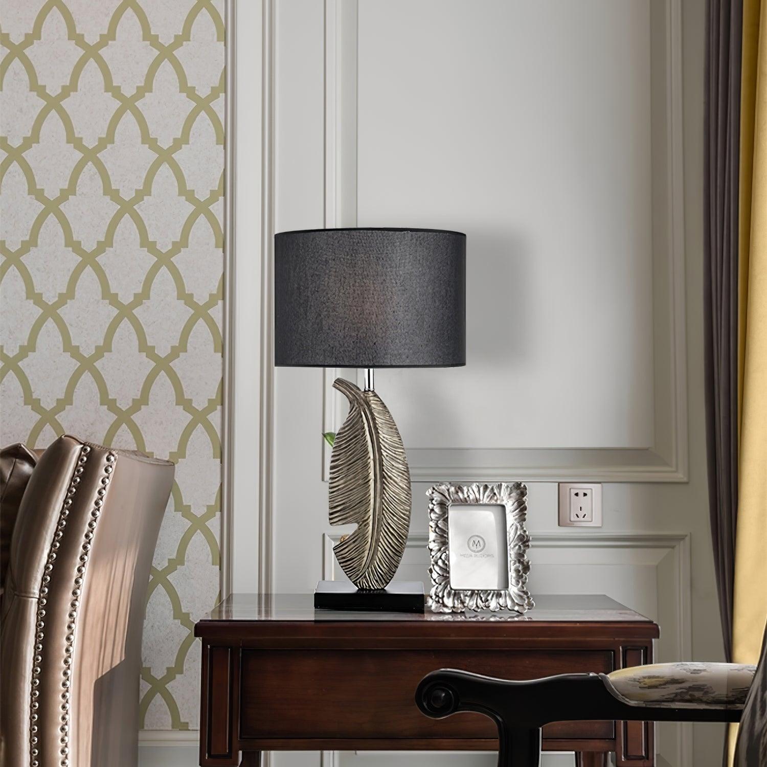 Cayo Metallic Gold Table Lamp with Black Marble Base and Fabric Drum Shade