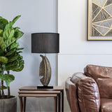 Cayo Metallic Gold Table Lamp with Black Marble Base and Fabric Drum Shade
