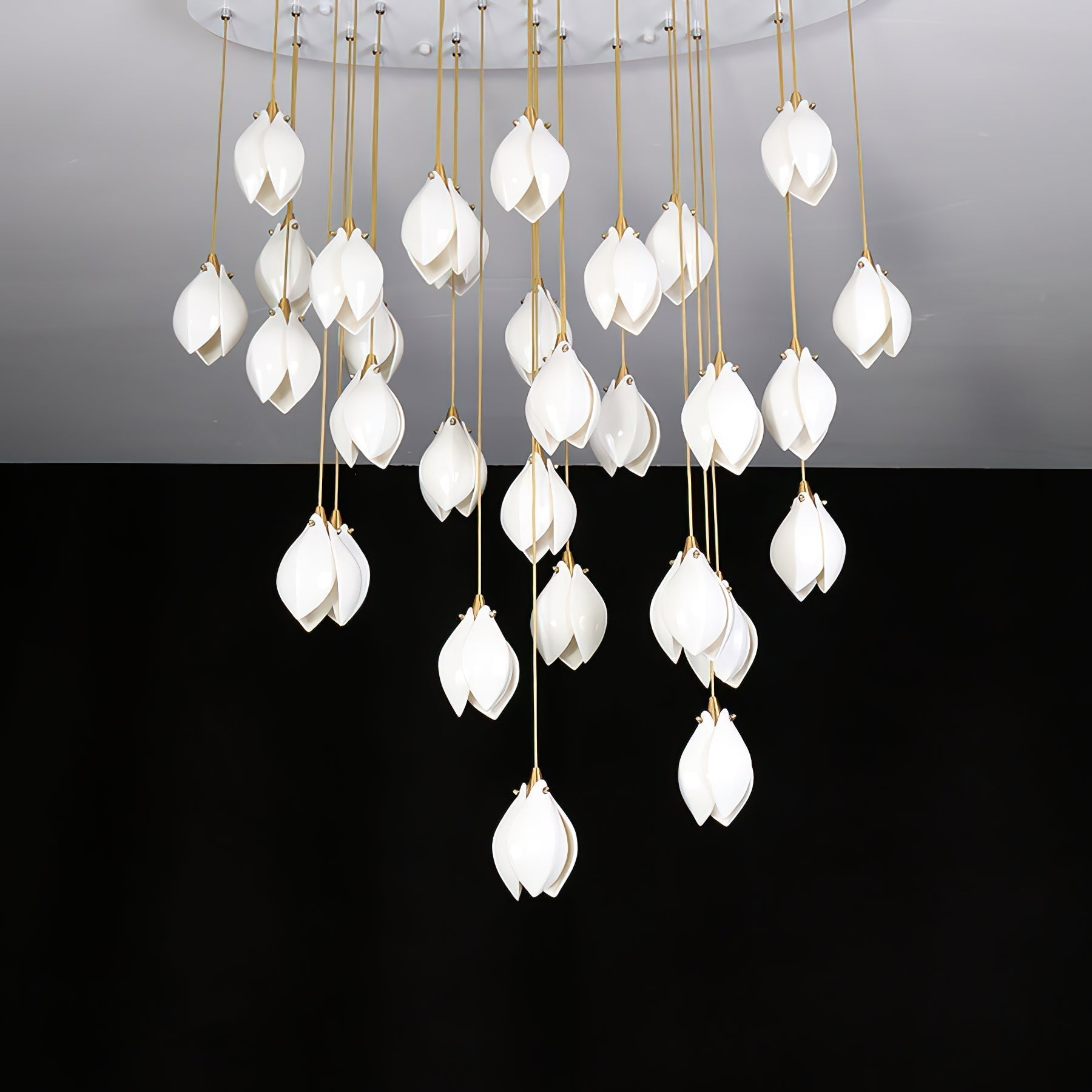 Bloom Ceramic Floral Pendant Light with White Porcelain Flower Buds and Brass Accents