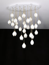 Bloom Ceramic Floral Pendant Light with White Porcelain Flower Buds and Brass Accents