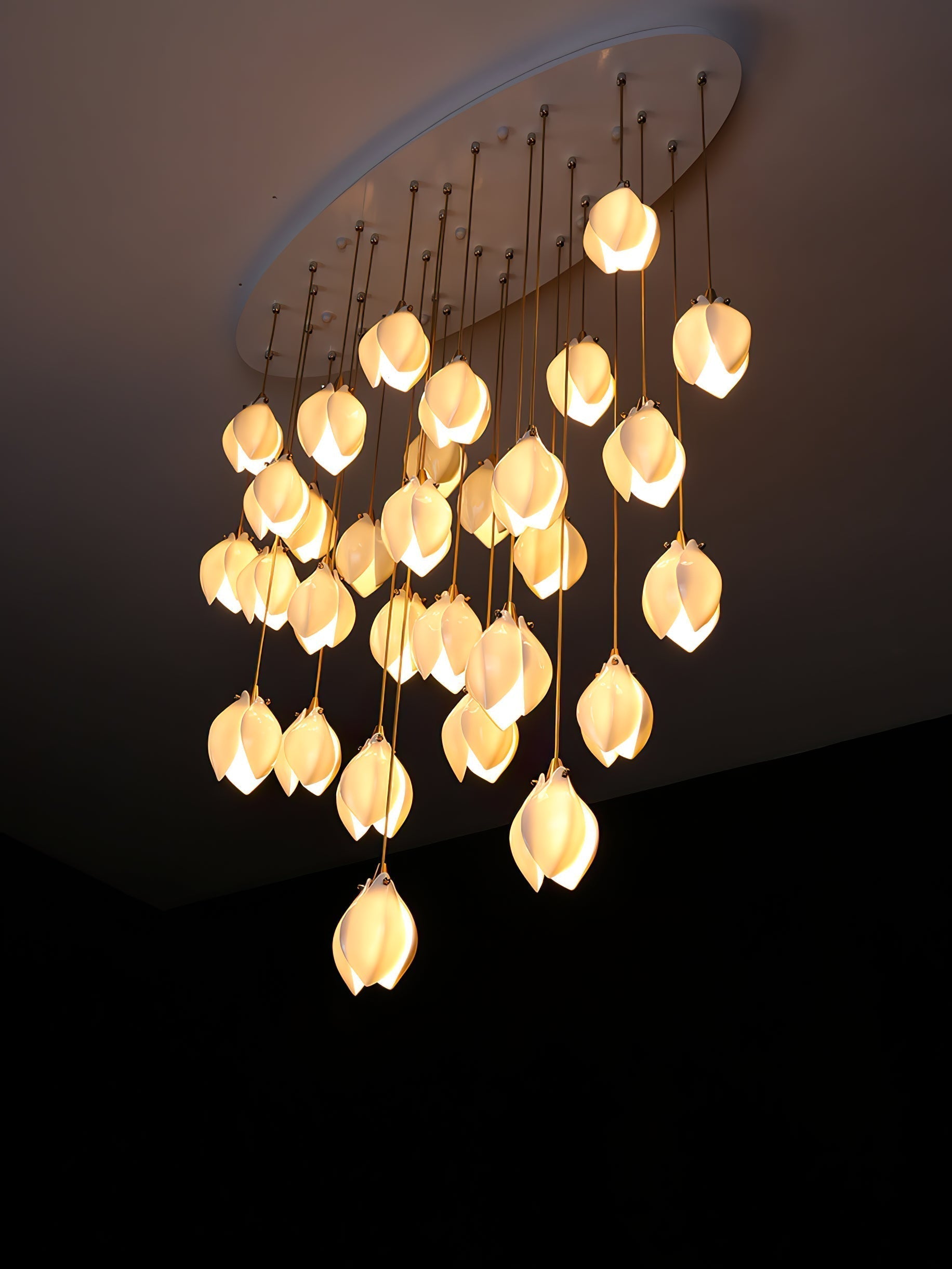 Bloom Ceramic Floral Pendant Light with White Porcelain Flower Buds and Brass Accents