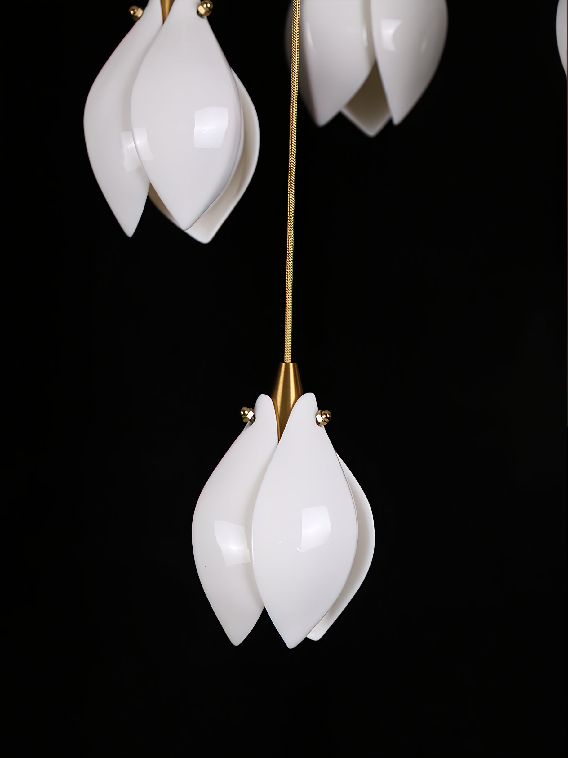 Bloom Ceramic Floral Pendant Light with White Porcelain Flower Buds and Brass Accents