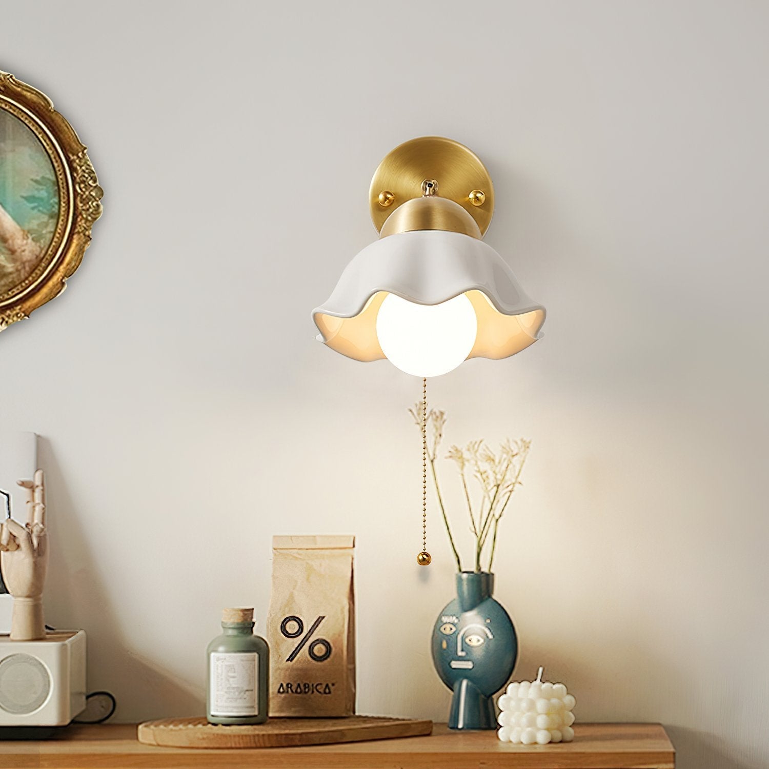 vintage-ceramic-flower-sconce-light-with-copper-base-and-white-petal-shade