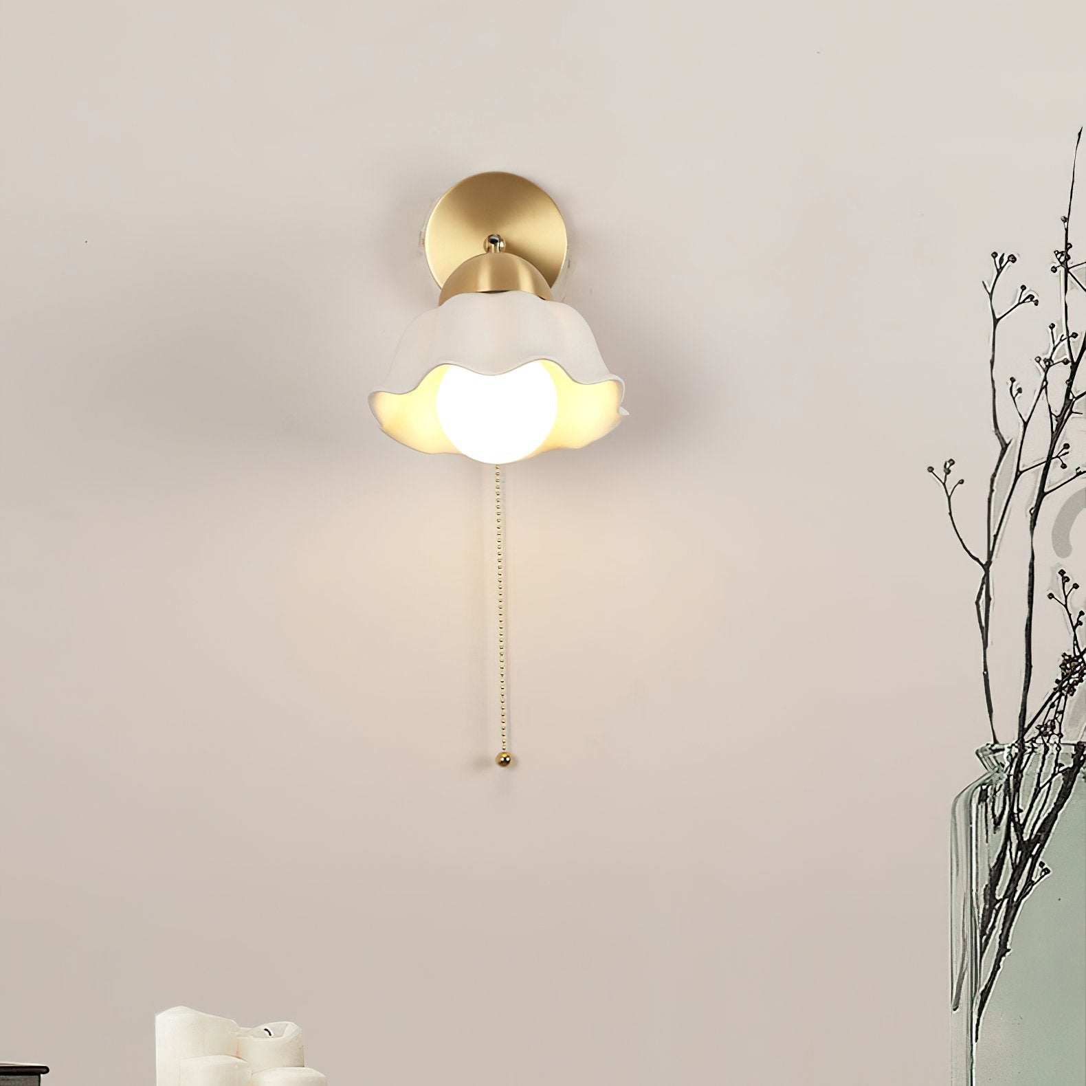 vintage-ceramic-flower-sconce-light-with-copper-base-and-white-petal-shade