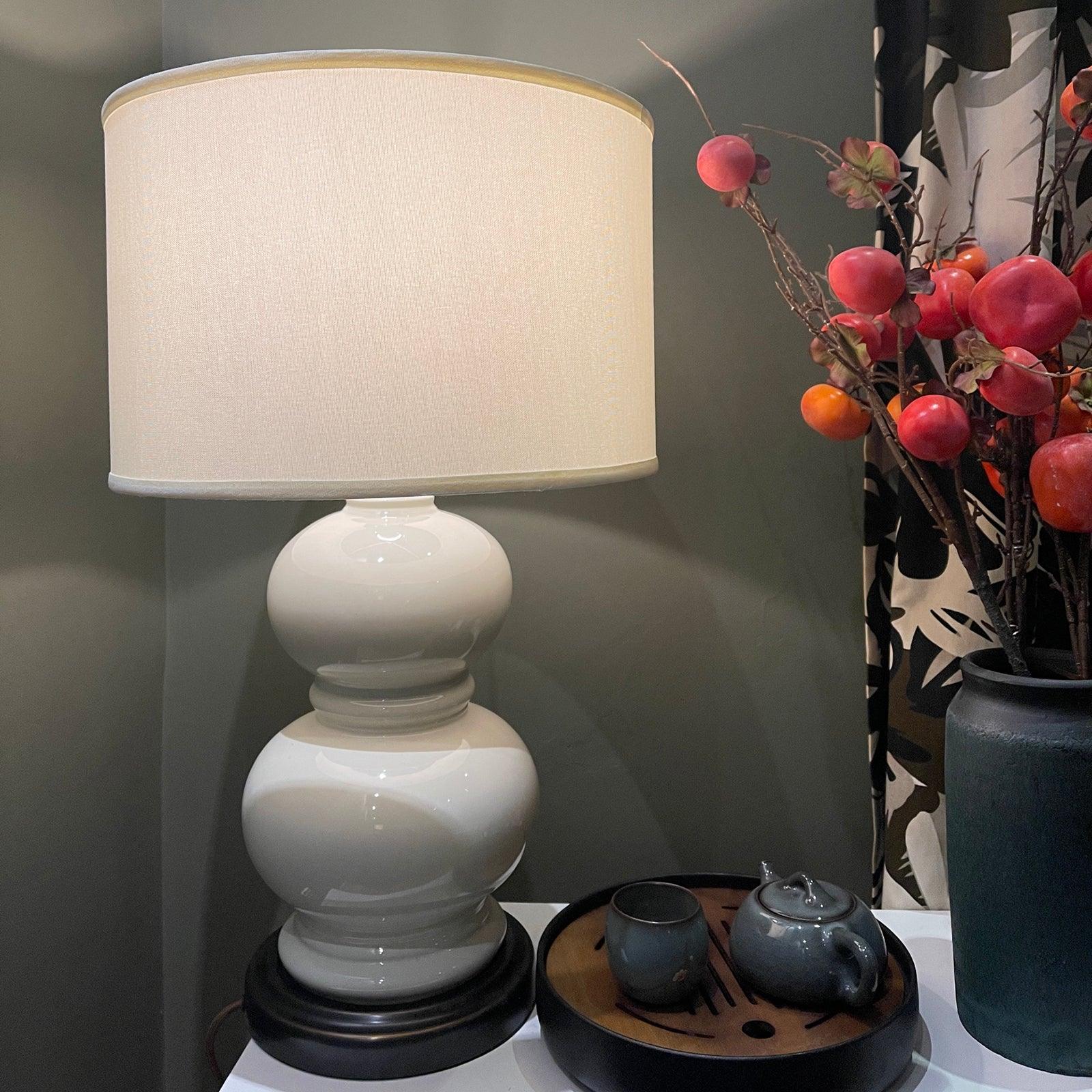 Modern Ceramic Gourd Table Lamp with Brushed Metal Base and White Cotton Shade