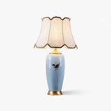 Elegant Blue Ceramic Oval Table Lamp with White Shantung Silk Shade for Modern Interiors