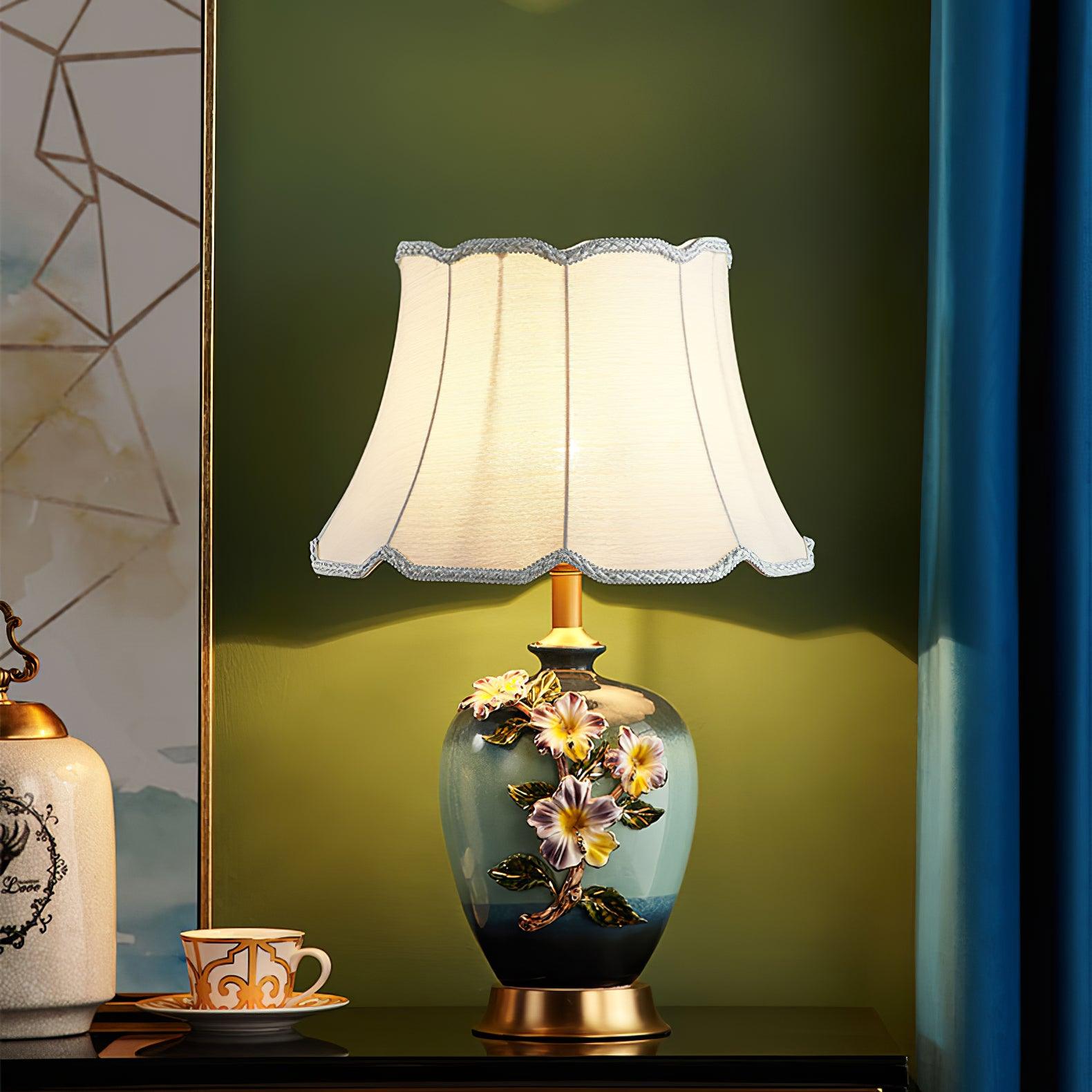 Elegant Handcrafted Ceramic Table Lamp with Gold Accents and White Fabric Shade for Home Decor