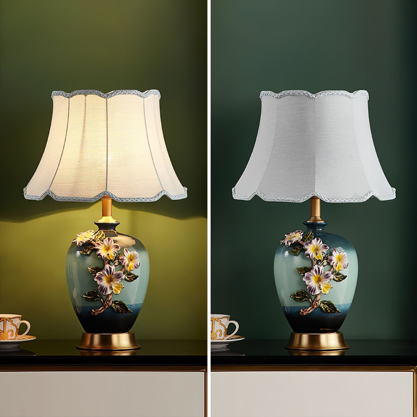 Elegant Handcrafted Ceramic Table Lamp with Gold Accents and White Fabric Shade for Home Decor