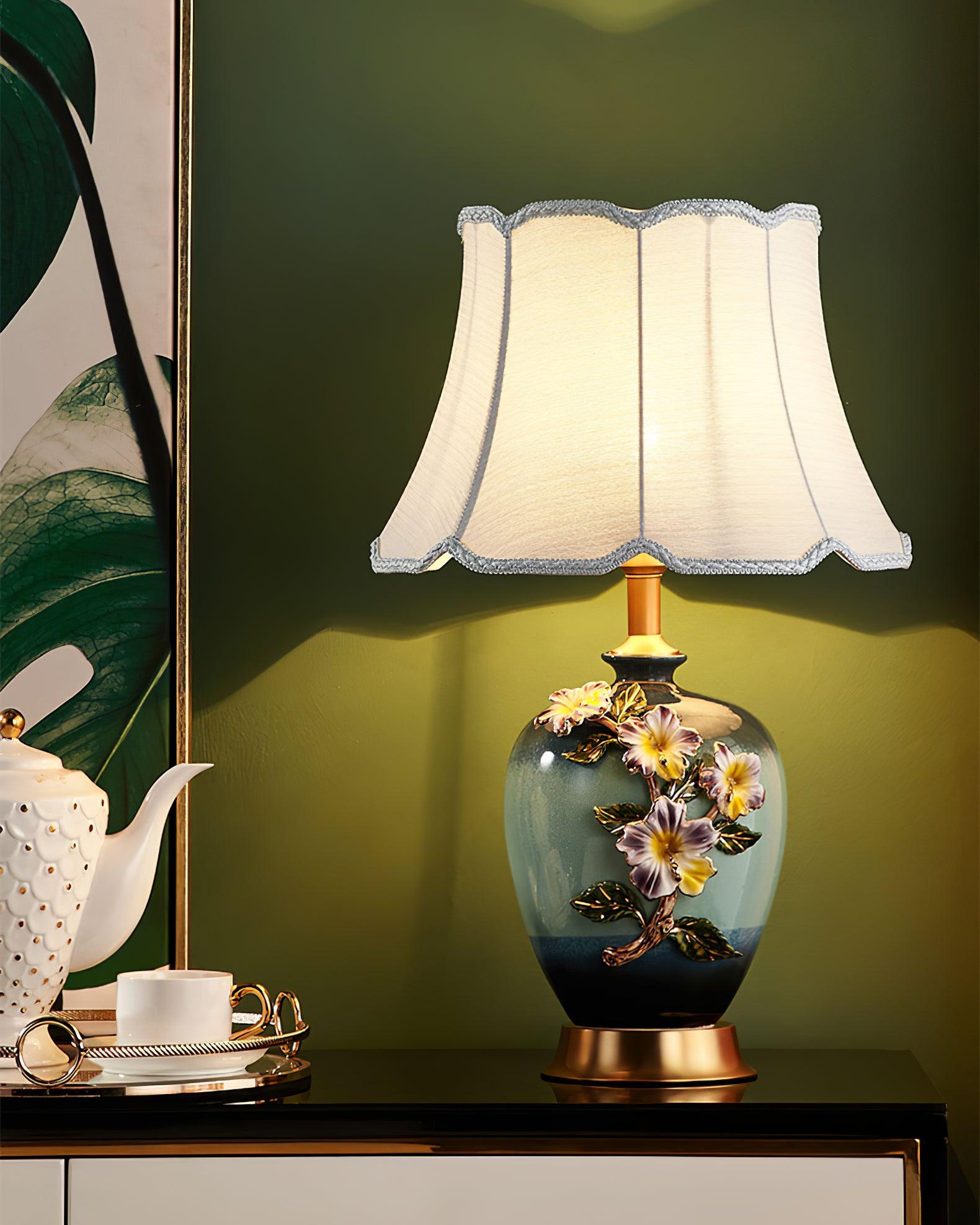 Elegant Handcrafted Ceramic Table Lamp with Gold Accents and White Fabric Shade for Home Decor