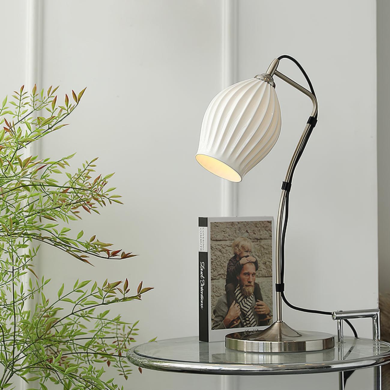 Elegant White Ceramic Ribbed Side Table Lamp for Modern Living Room Decor