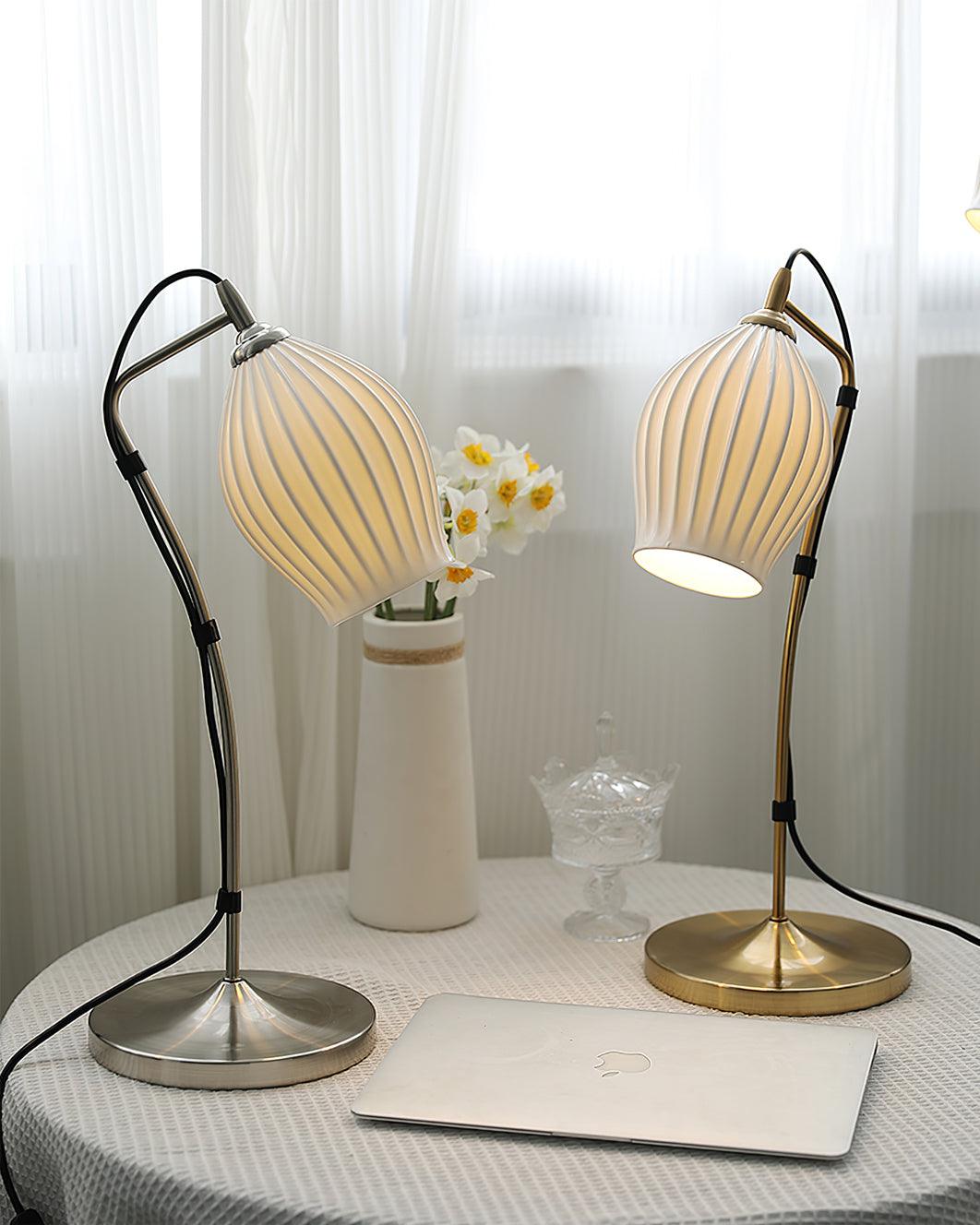 Elegant White Ceramic Ribbed Side Table Lamp for Modern Living Room Decor