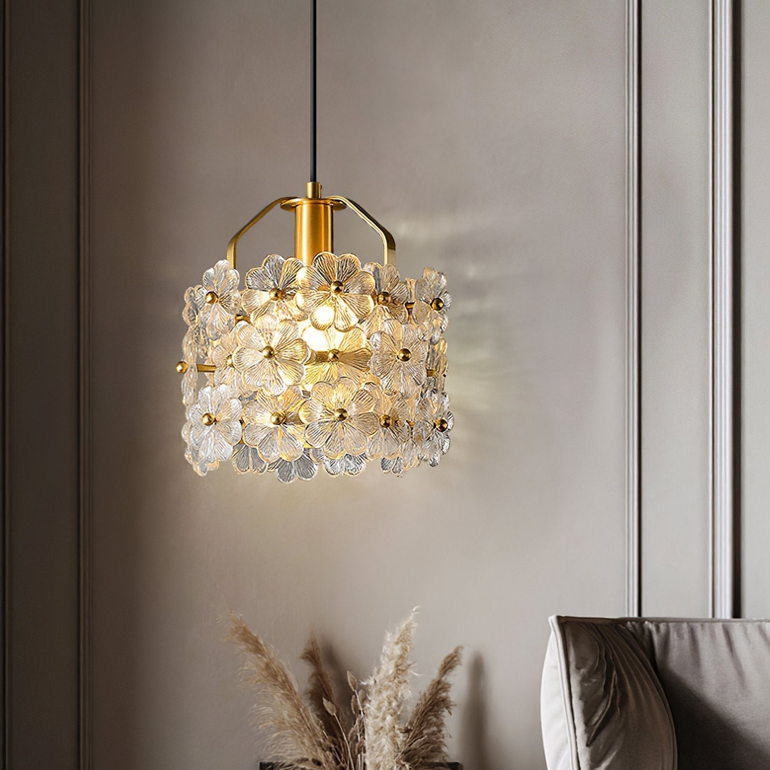 vintage-brass-and-flowered-glass-charlotte-pendant-light-fixture-for-entryway-lighting