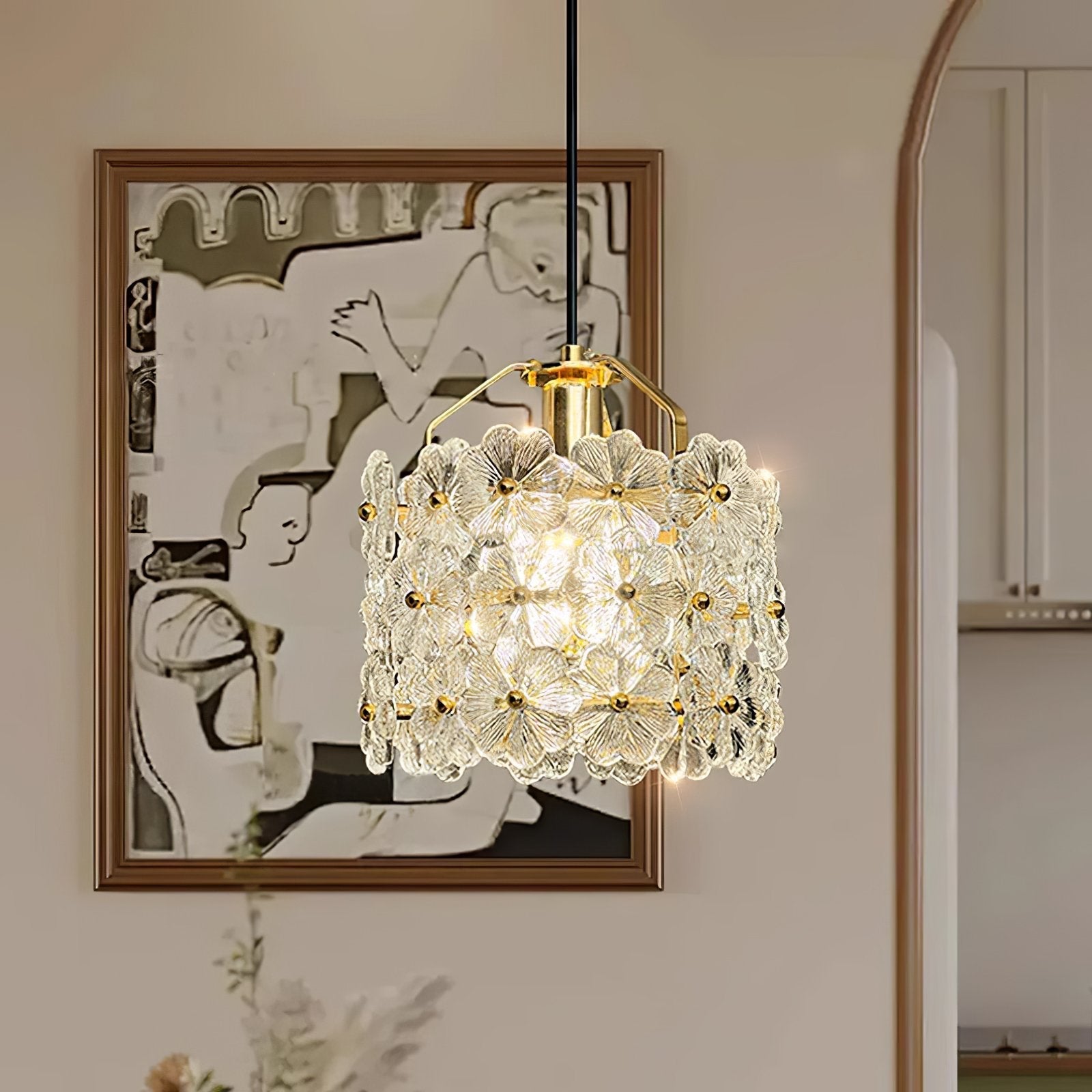 vintage-brass-and-flowered-glass-charlotte-pendant-light-fixture-for-entryway-lighting