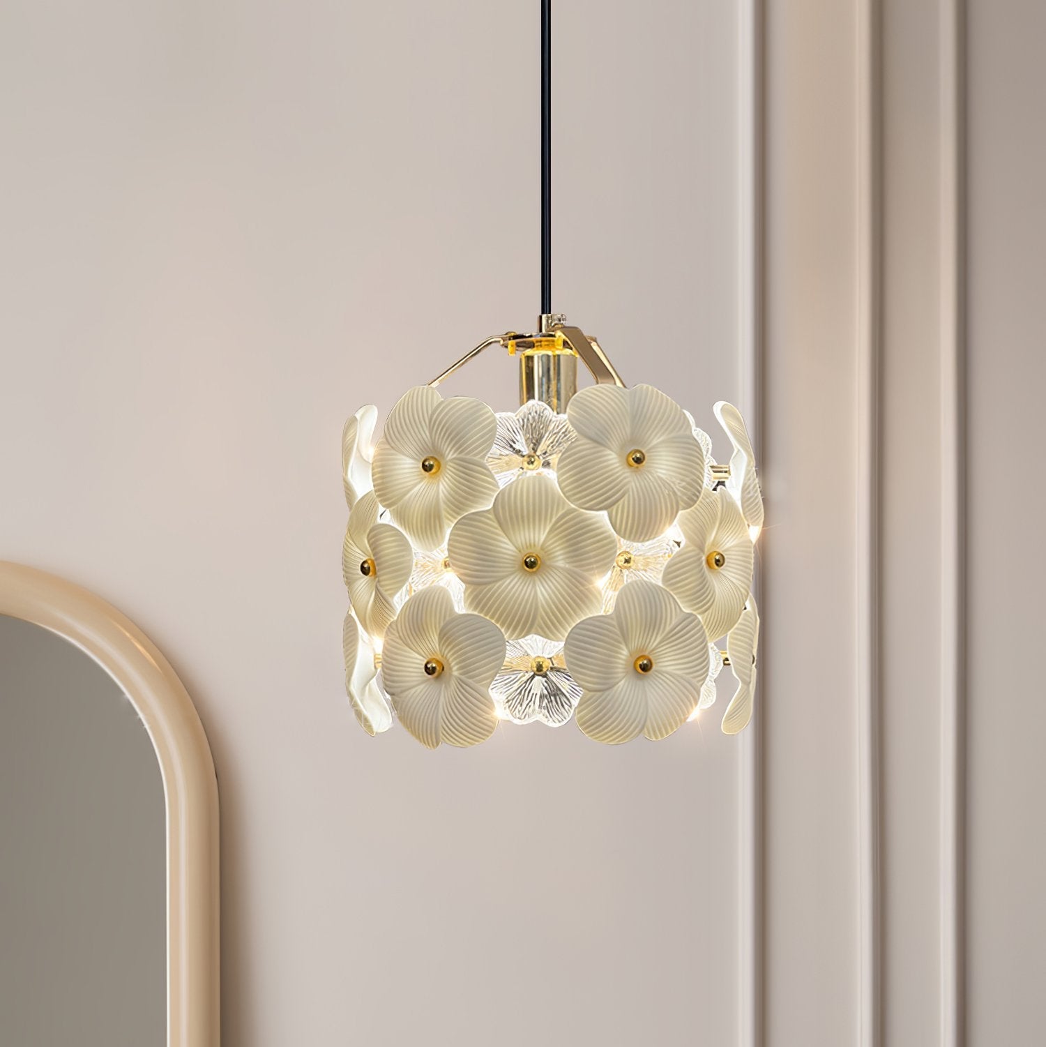 vintage-brass-and-flowered-glass-charlotte-pendant-light-fixture-for-entryway-lighting