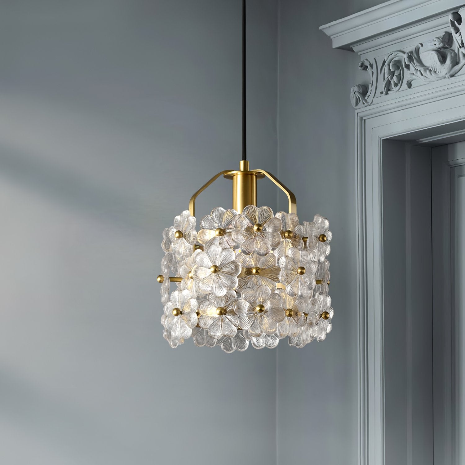 vintage-brass-and-flowered-glass-charlotte-pendant-light-fixture-for-entryway-lighting