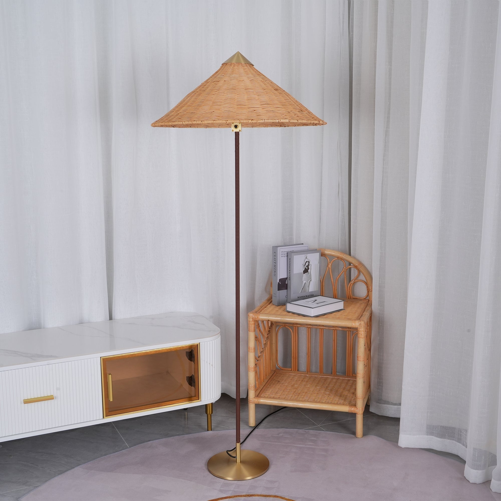 Mid Century Modern Rattan Stem Floor Lamp with Elegant Fabric Shade for Indoor Living Spaces